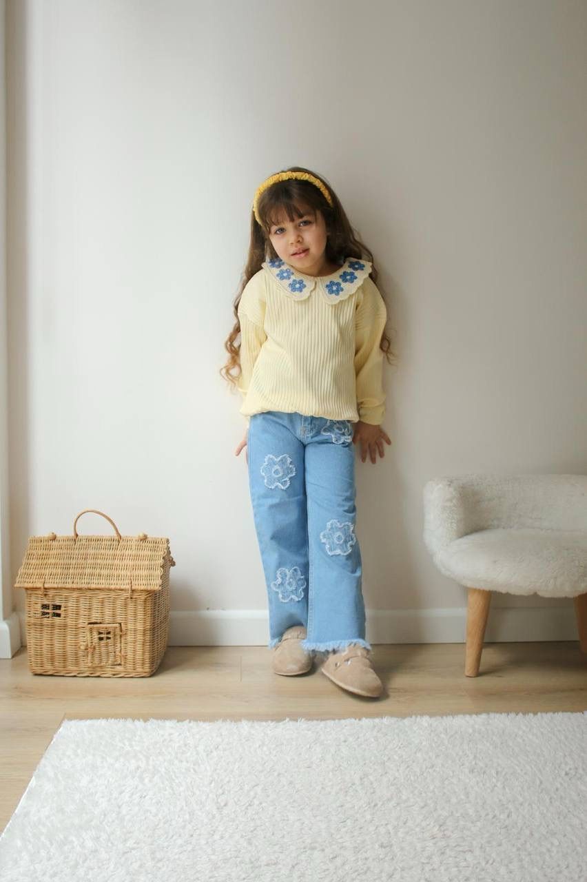 Örgü Yaka Detaylı Denim Takım