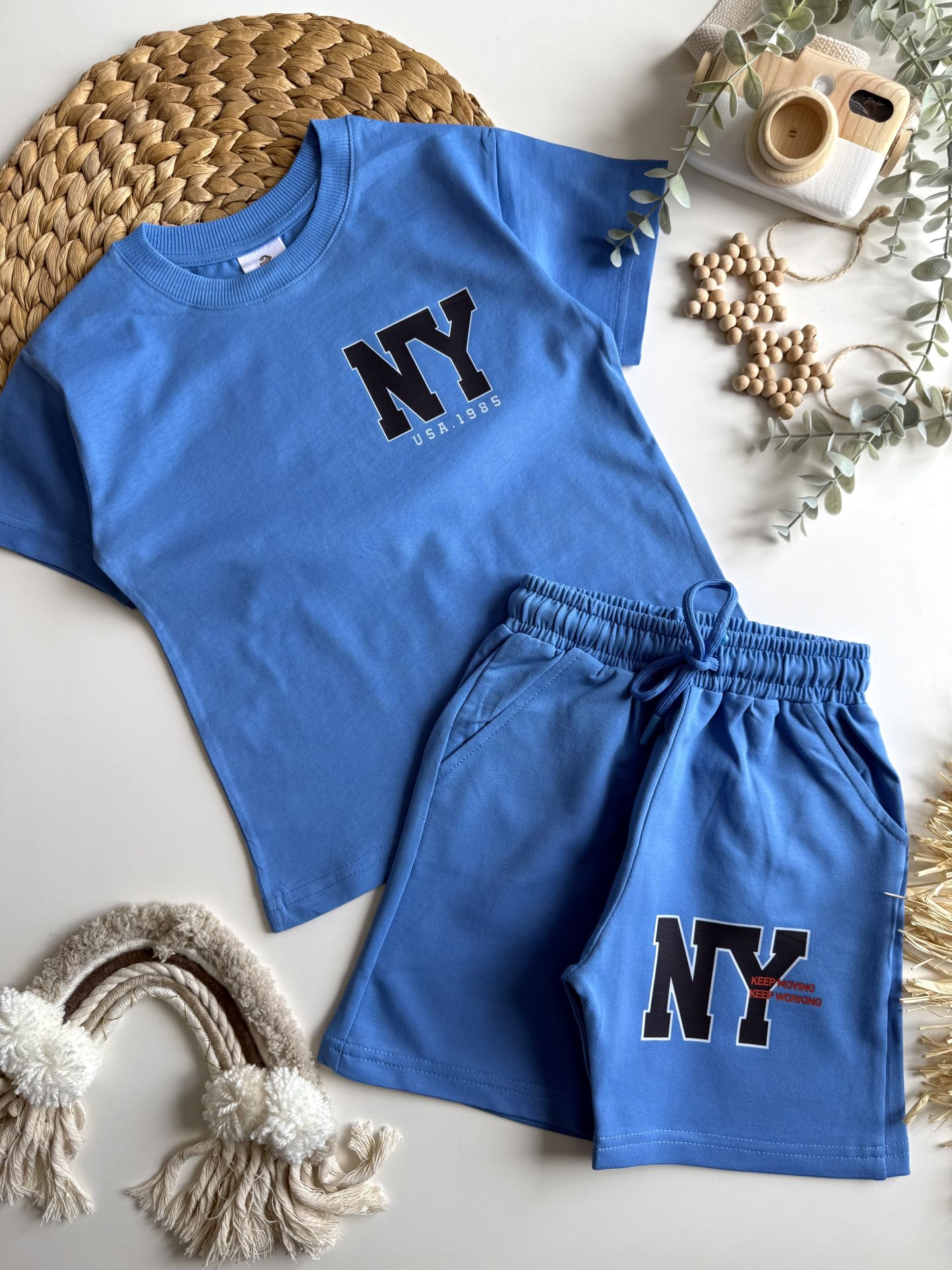 NY Baskılı Şortlu Takım