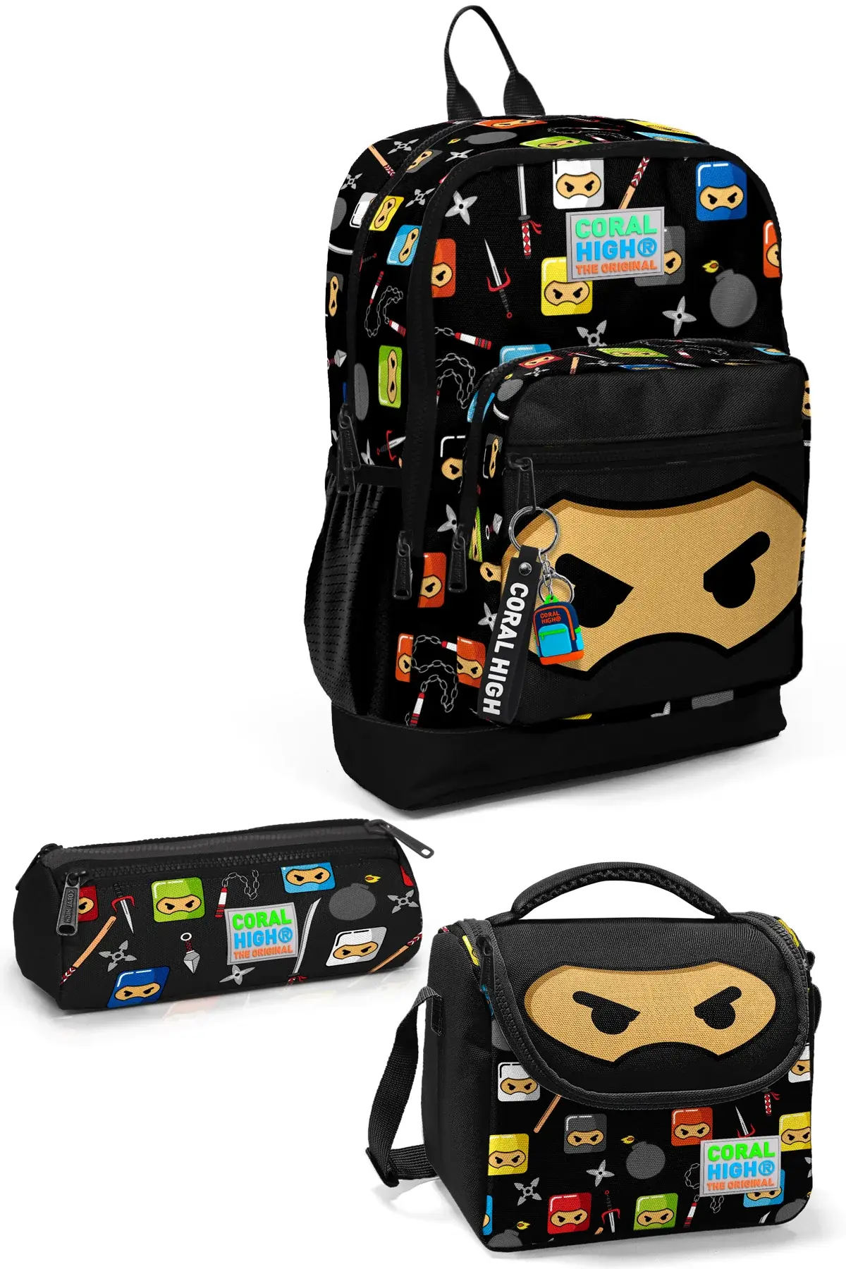 Coral High Kids Siyah Ninja Desenli 3’lü Okul Çanta Seti SET0123473 Adet
