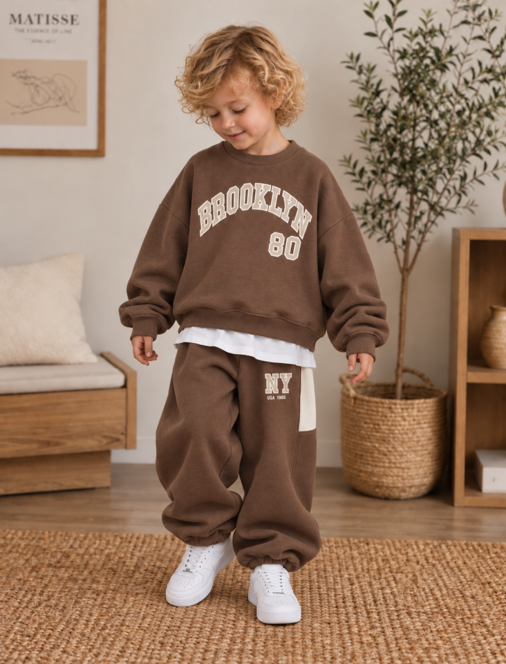 Broklyn Baskılı Kahve  Takım 9-10 YAŞ
