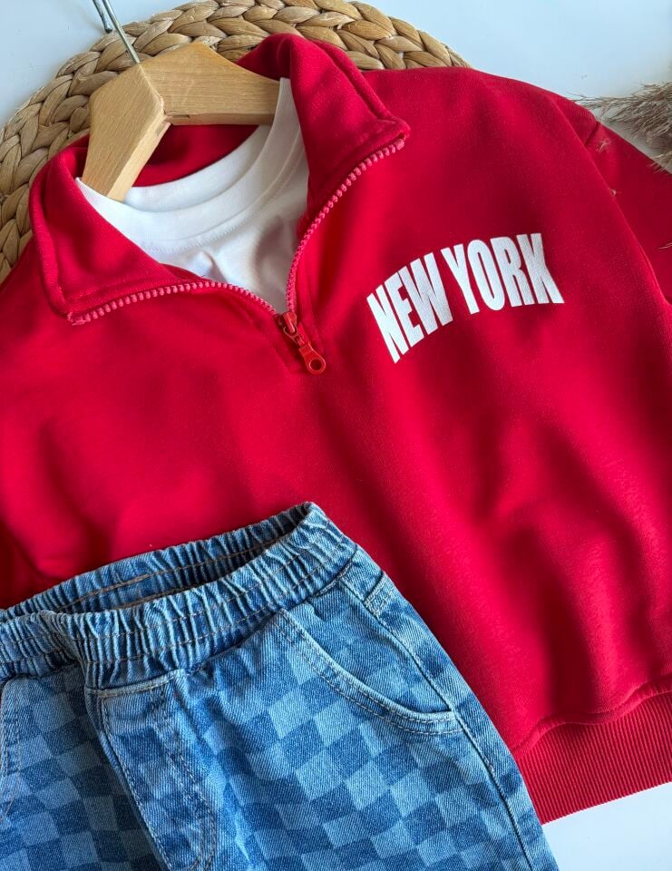 Newyork Baskılı Dama Pantolonlu Takım 9-10 YAŞ