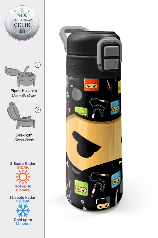Coral High Kids Siyah Ninja Desenli Pipetli ve Direkt İçim Çelik Termos 500 ml 31919 Adet
