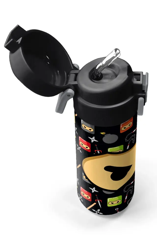 Coral High Kids Siyah Ninja Desenli Pipetli ve Direkt İçim Çelik Termos 500 ml 31919 Adet