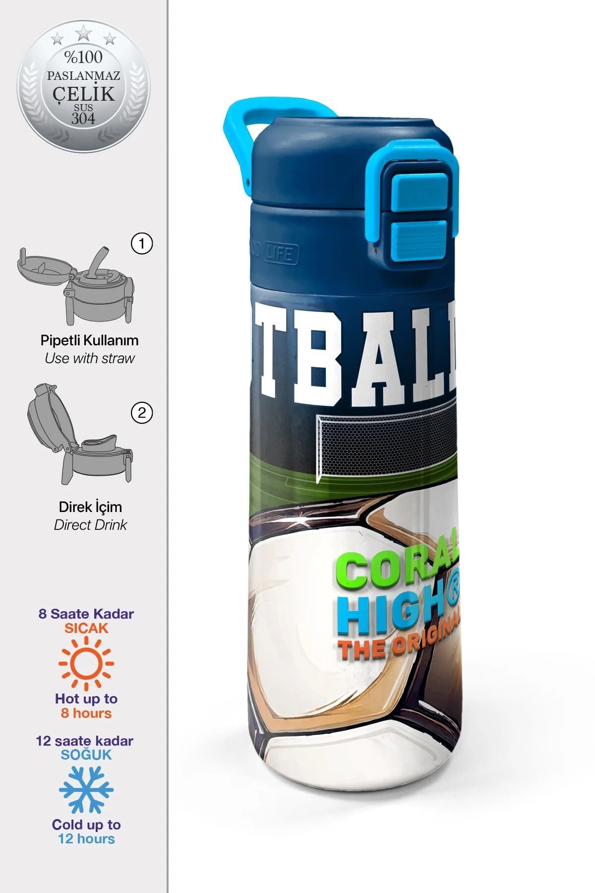 Coral High Kids Lacivert Futbol Desenli Pipetli ve Direkt İçim Çelik Termos 500 ml 31995 Adet