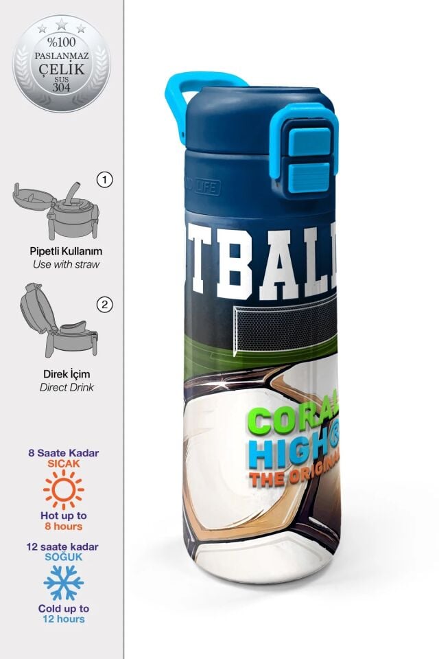 Coral High Kids Lacivert Futbol Desenli Pipetli ve Direkt İçim Çelik Termos 500 ml 31995 Adet
