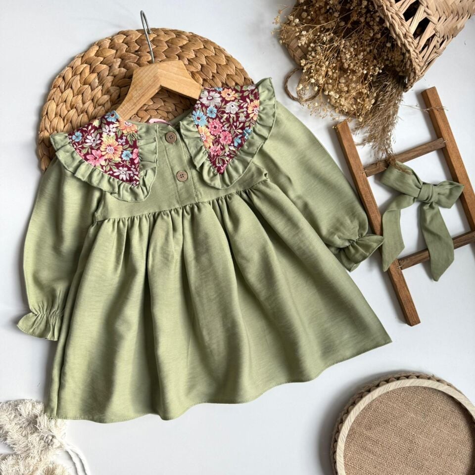Bebe Yakalı Çicekli Elbise Yeşil 5-6 YAŞ