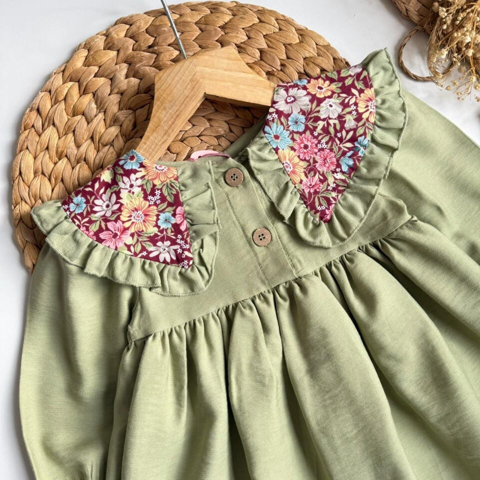 Bebe Yakalı Çicekli Elbise Yeşil (toka hediyelidir) 5-6 YAŞ