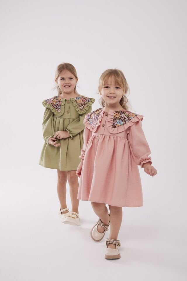 Bebe Yakalı Çicekli Elbise Yeşil (toka hediyelidir) 5-6 YAŞ