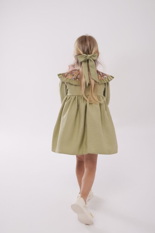 Bebe Yakalı Çicekli Elbise Yeşil 5-6 YAŞ