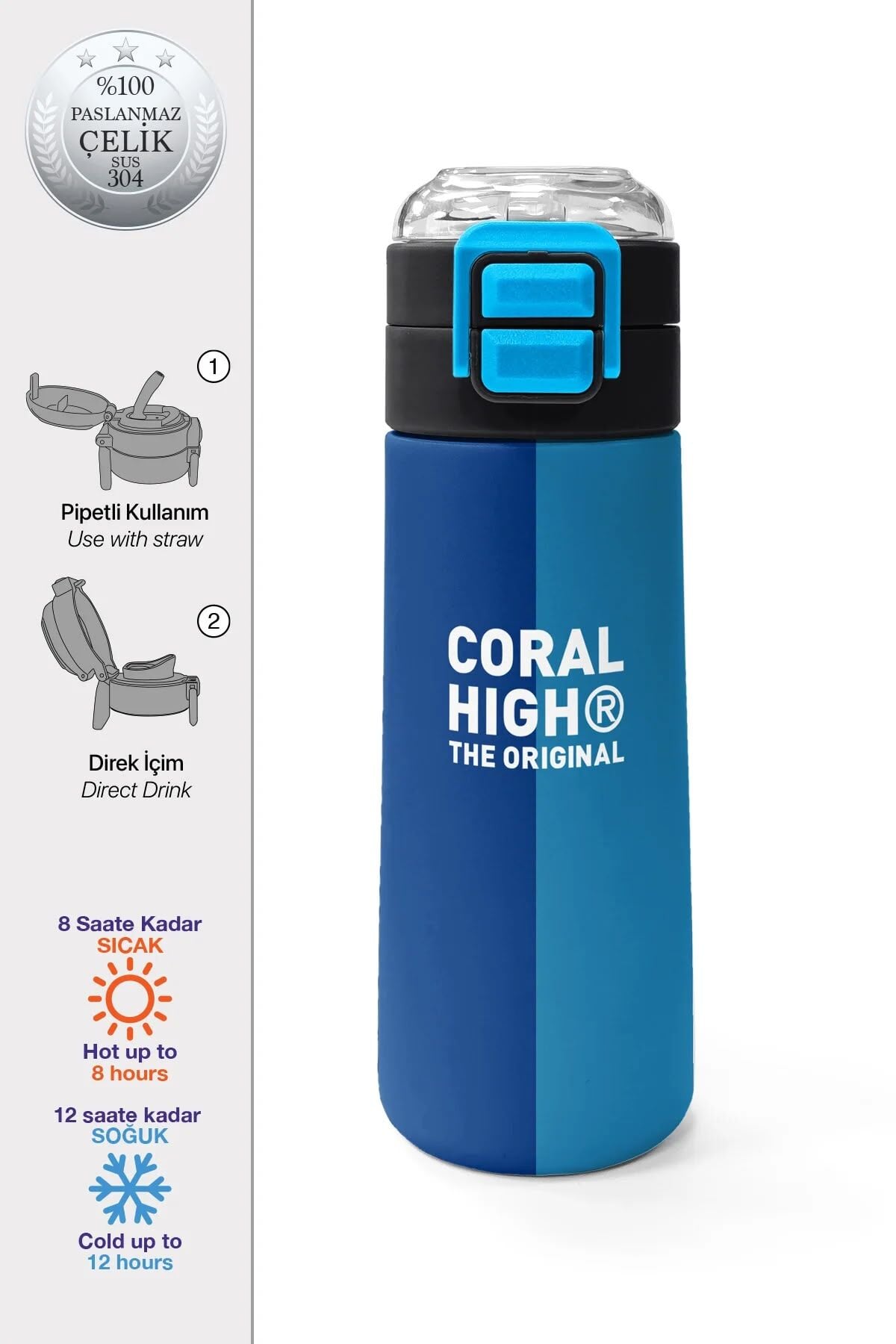 Coral High Kids Lacivert Mavi Çizgili Pipetli ve Direkt İçim Çelik Termos 500 ml 31997