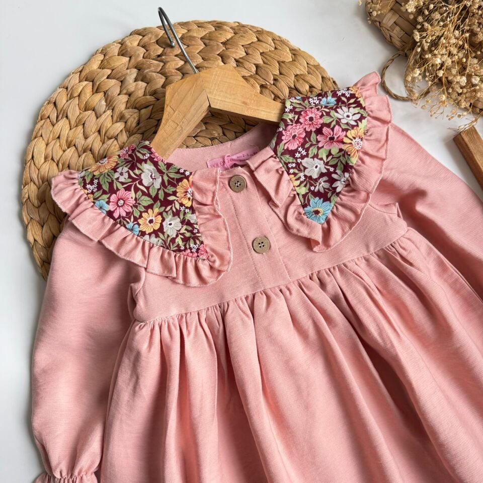 Bebe Yakalı Çicekli Elbise Pudra (toka hediyelidir 7-8 YAŞ