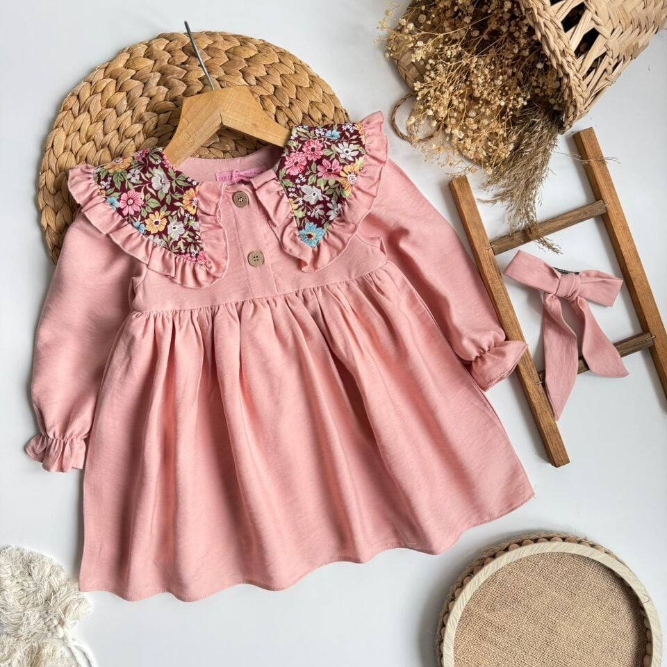 Bebe Yakalı Çicekli Elbise Pudra (toka hediyelidir 7-8 YAŞ