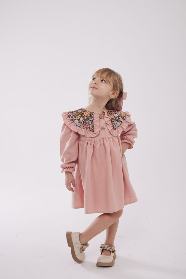 Bebe Yakalı Çicekli Elbise Pudra (toka hediyelidir 7-8 YAŞ