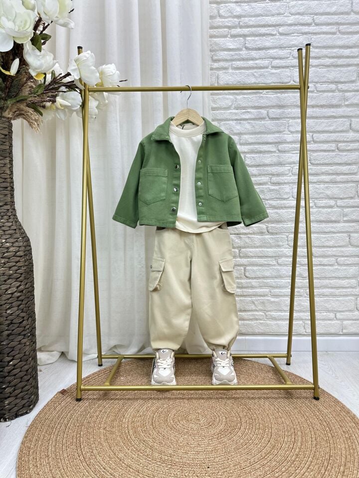 Yeşil - Krem Kargo Pantolonlu Takım 3-4 YAŞ