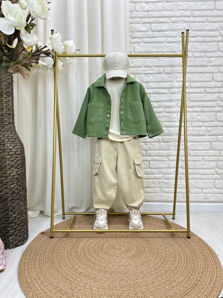 Yeşil - Krem Kargo Pantolonlu Takım 3-4 YAŞ