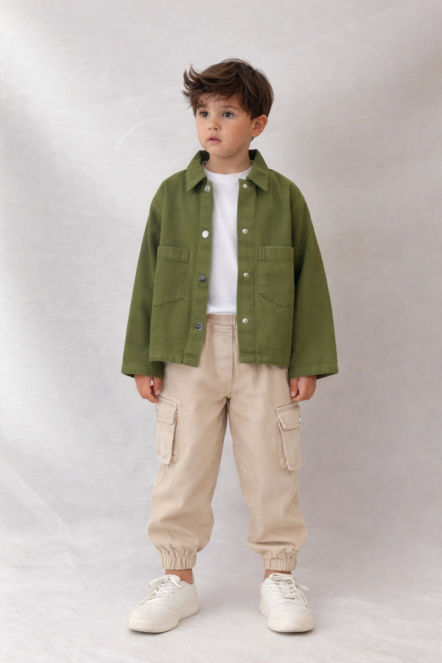 Yeşil - Krem Kargo Pantolonlu Takım 3-4 YAŞ