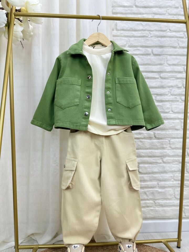 Yeşil - Krem Kargo Pantolonlu Takım 3-4 YAŞ