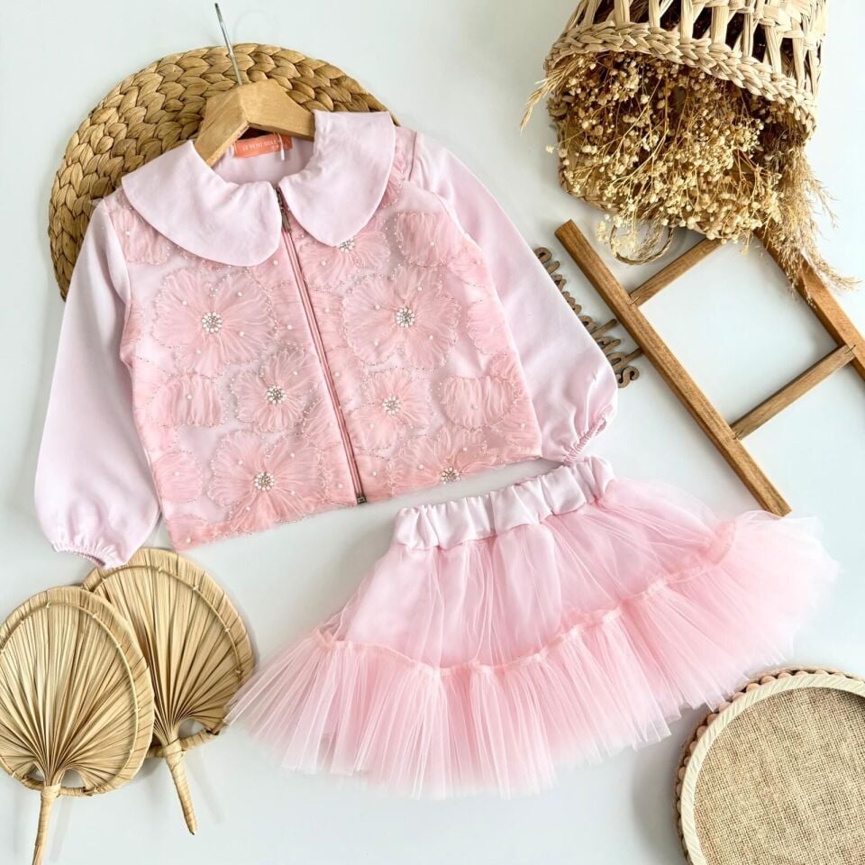 Pembe İşlemli Etek Ceket Takım 9-10 YAŞ