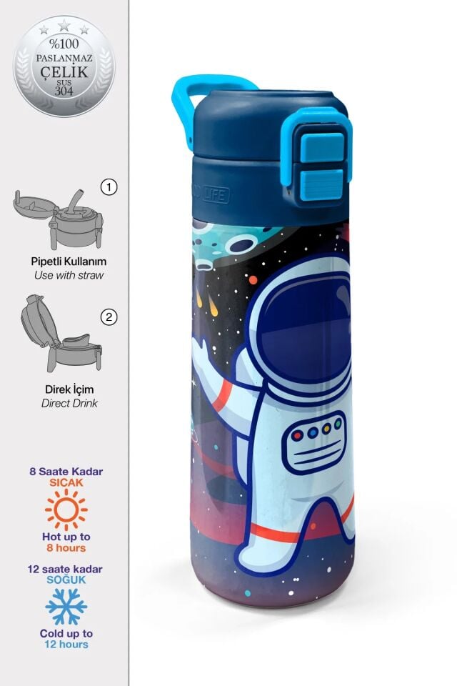 Coral High Kids Saks Mavi Astronot Desenli Pipetli ve Direkt İçim Çelik Termos 500 ml 31933 Adet