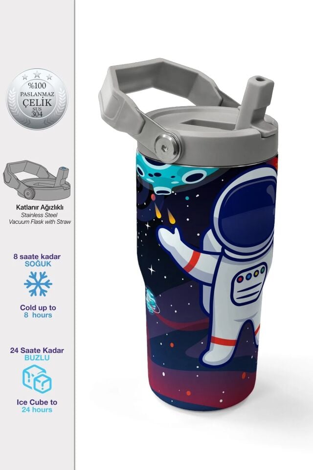 Coral High Saks Mavi Astronot Desenli Katlanır Ağızlıklı Çelik Termos 600ml 38919 Adet