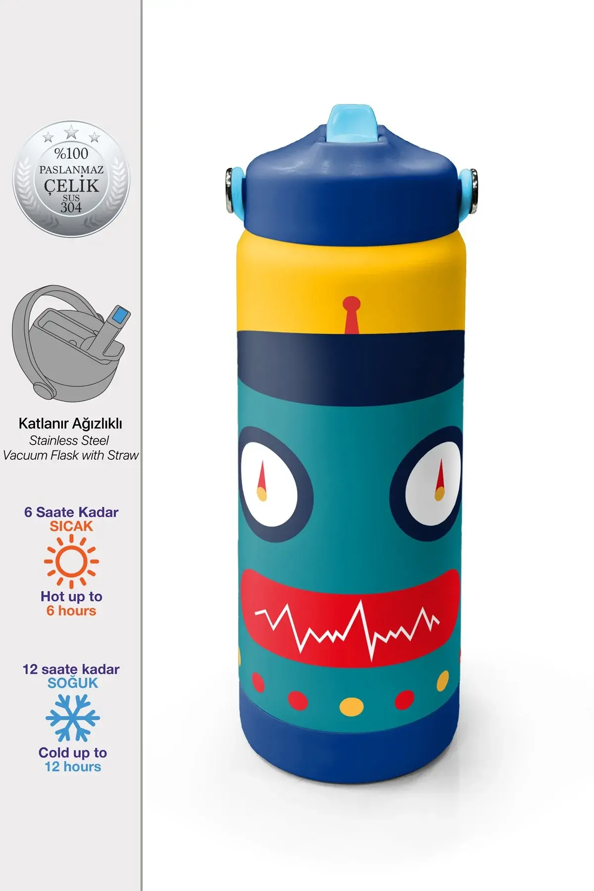 Coral High Kids Lacivert Çivit Robot Desenli Pipetli ve Direkt İçim Çelik Termos 500 ml 31918 Adet