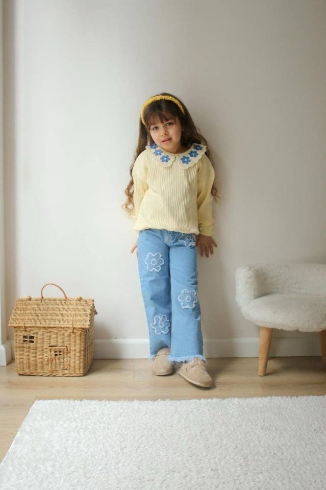 Örgü Yaka Detaylı Denim Takım