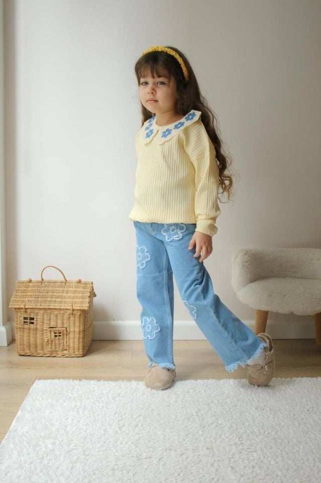 Örgü Yaka Detaylı Denim Takım