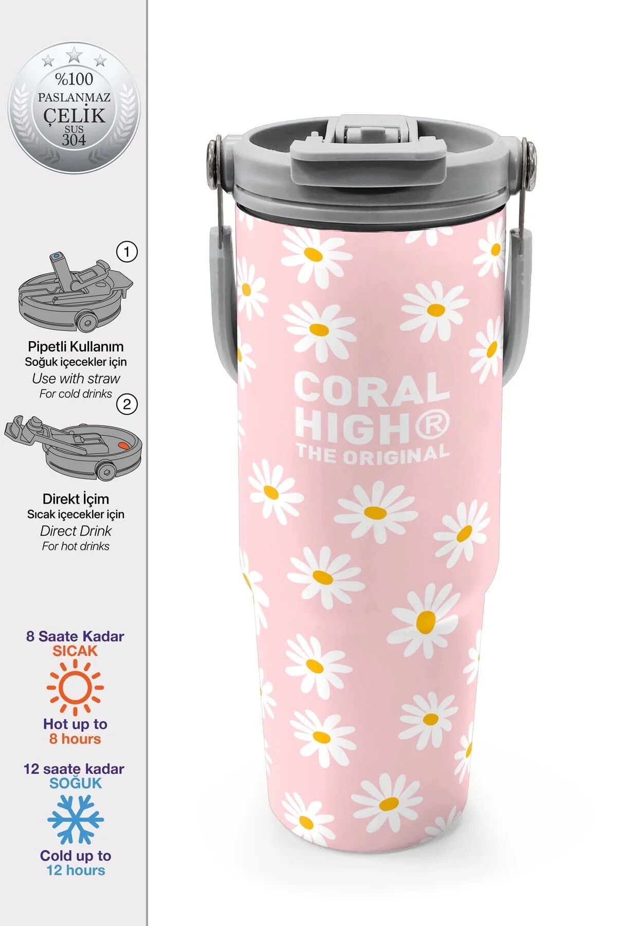 Coral High Papatya Desenli Pipetli ve Direkt İçim Çelik Termos 900 ml 38701 Adet
