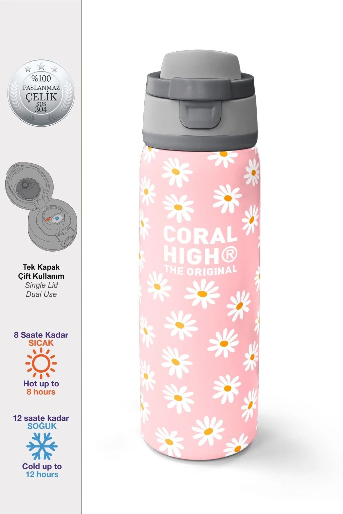 Coral High Papatya Desenli Pipetli ve Direkt İçim Çelik Termos 800 ml 38502 Adet