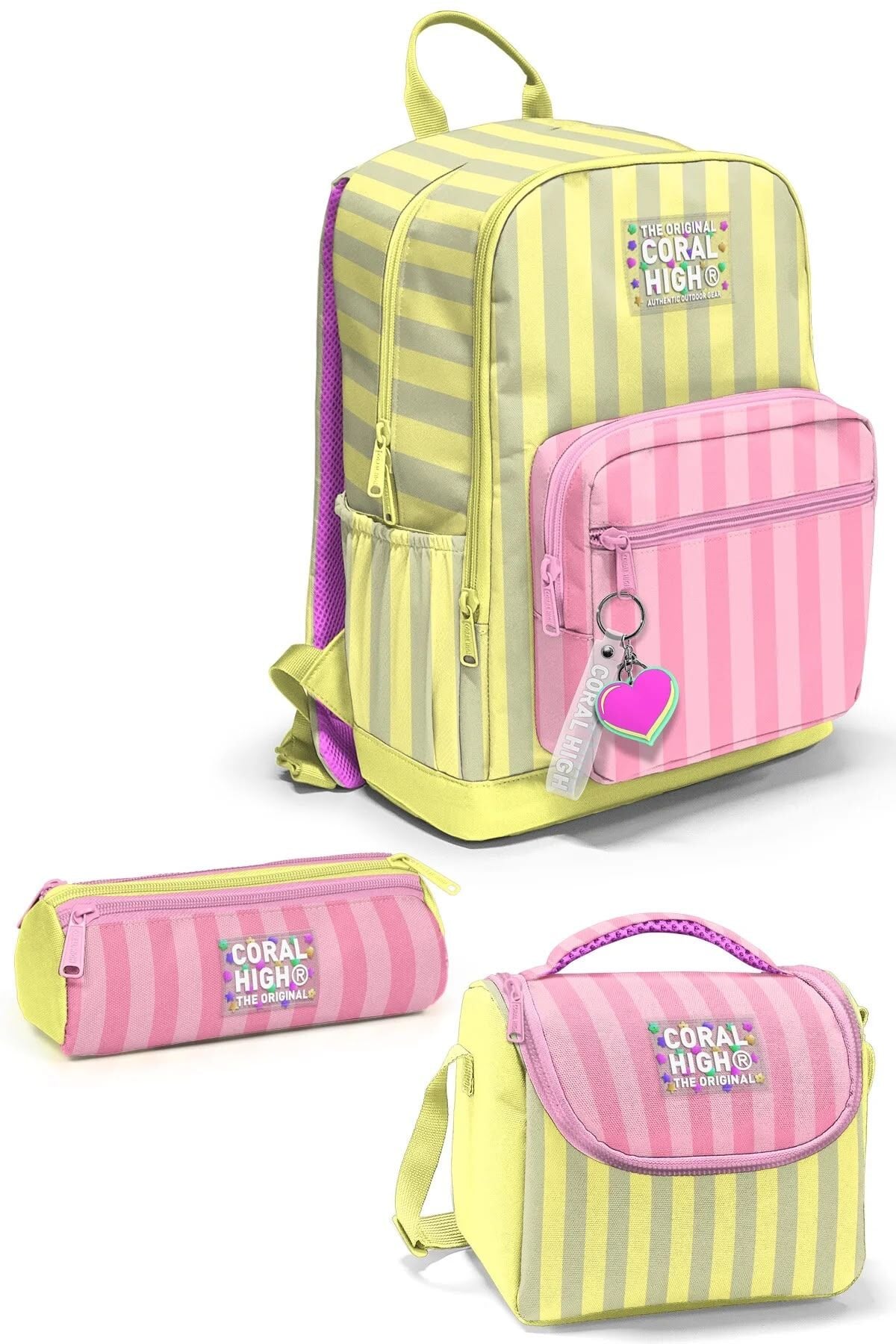Coral High Pembe Sarı Çizgi Desenli 3’lü Okul Çanta Seti SET0133223