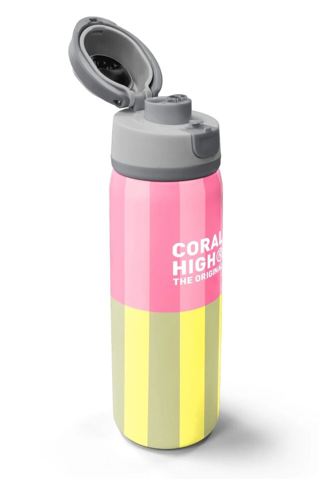 Coral High Pembe Sarı Çizgi Desenli Pipetli ve Direkt İçim Çelik Termos 800 ml 38501 Adet