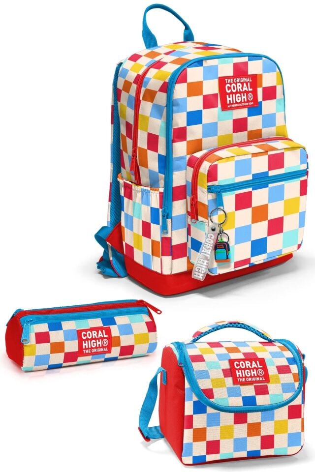 Coral High Çok Renkli Dama Desenli 3’lü Okul Çanta Seti SET0133225 Adet