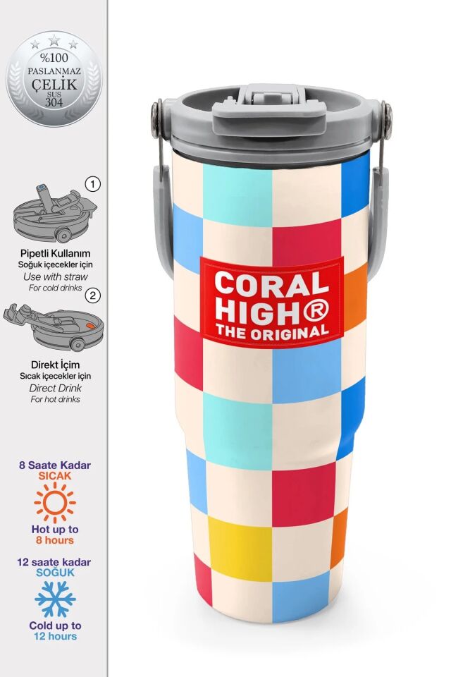 Coral High Çok Renkli Dama Desenli Pipetli ve Direkt İçim Çelik Termos 900 ml 38702 Adet
