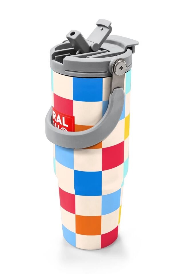 Coral High Çok Renkli Dama Desenli Pipetli ve Direkt İçim Çelik Termos 900 ml 38702 Adet