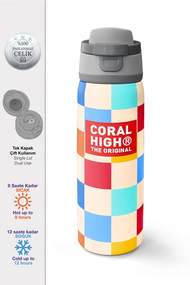 Coral High Çok Renkli Dama Desenli Pipetli ve Direkt İçim Çelik Termos 800 ml 38503 Adet
