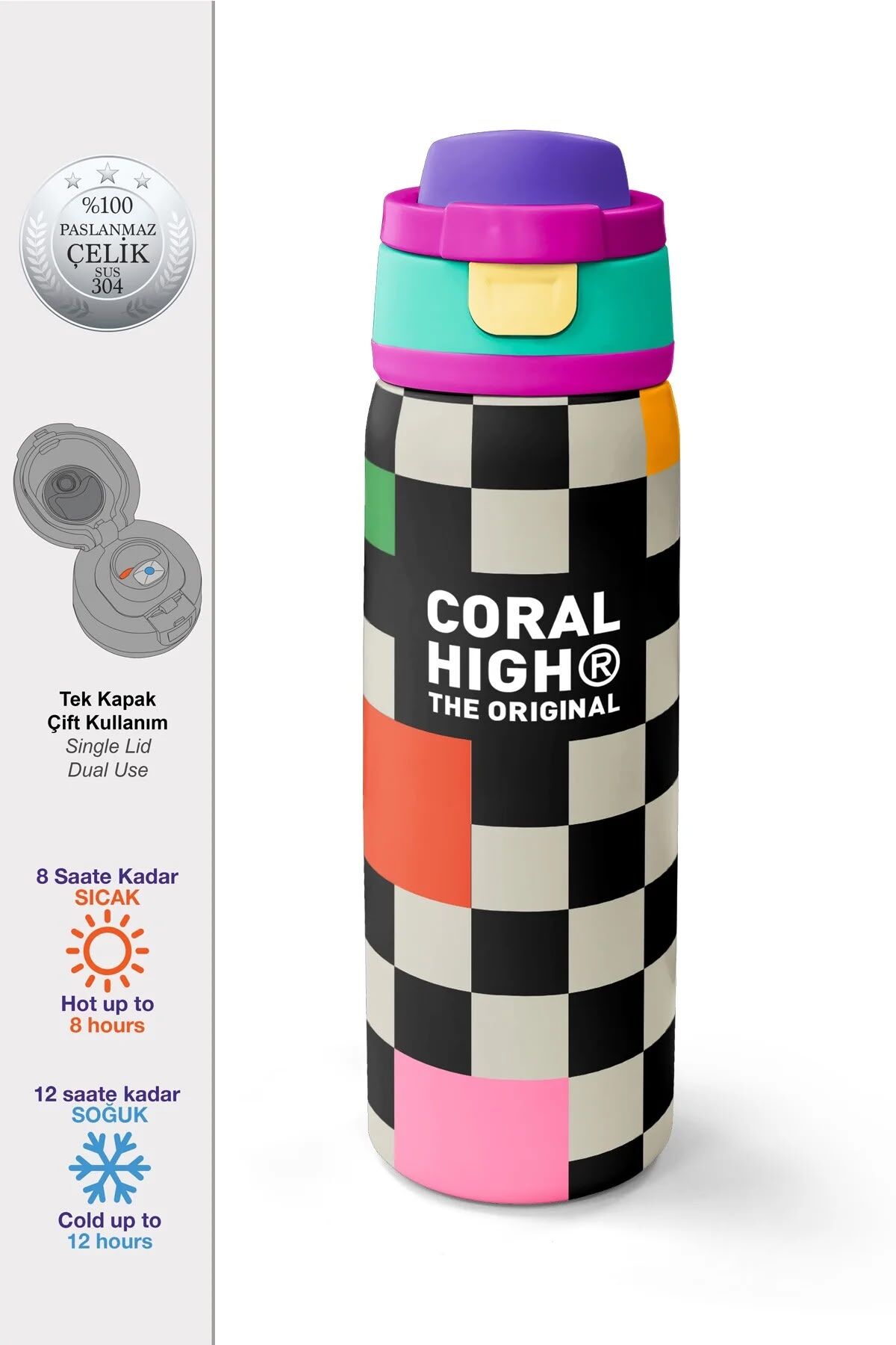 Coral High Dama Desenli Pipetli ve Direkt İçim Çelik Termos 800 ml 38504
