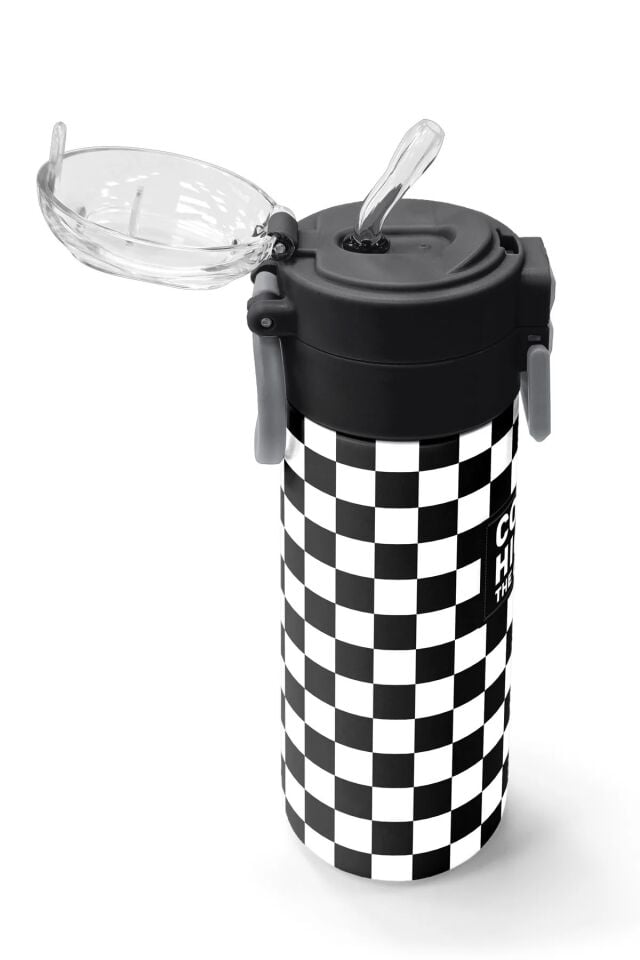 Coral High Kids Siyah Beyaz Dama Desenli Pipetli ve Direkt İçim Çelik Termos 500 ml 31877 Adet