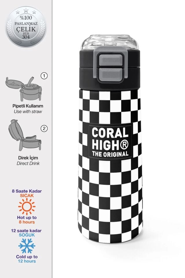 Coral High Kids Siyah Beyaz Dama Desenli Pipetli ve Direkt İçim Çelik Termos 500 ml 31877 Adet