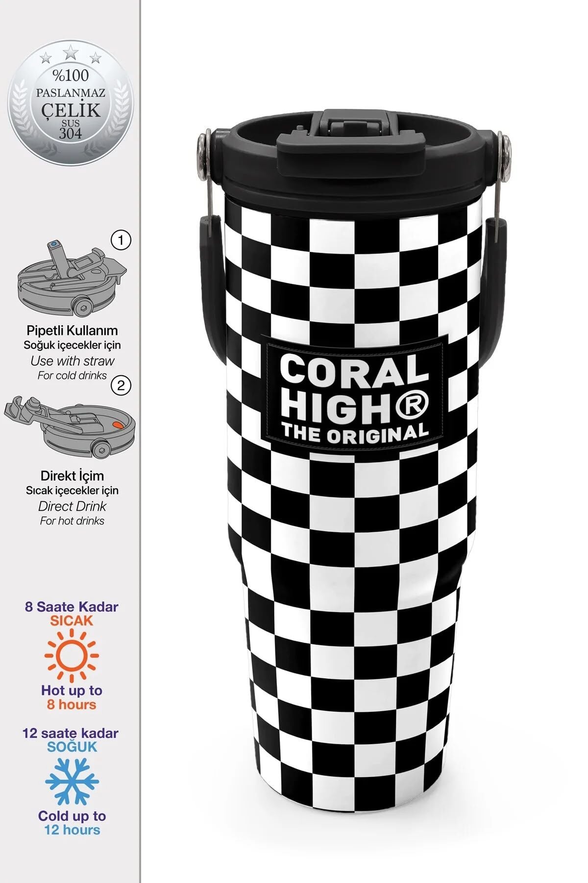 Coral High Siyah Beyaz Dama Desenli Pipetli ve Direkt İçim Çelik Termos 900 ml 38717