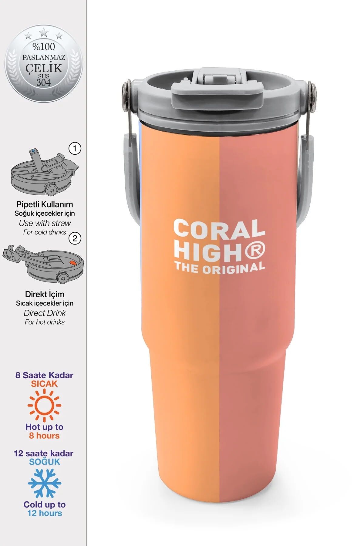 Coral High Renkli Çizgili Desenli Pipetli ve Direkt İçim Çelik Termos 900 ml 38746