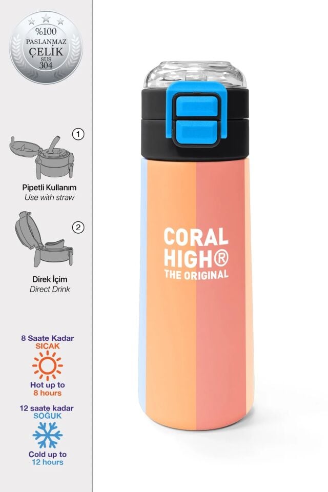 Coral High Kids Renkli Çizgili Desenli Pipetli ve Direkt İçim Çelik Termos 500 ml 31880 Adet