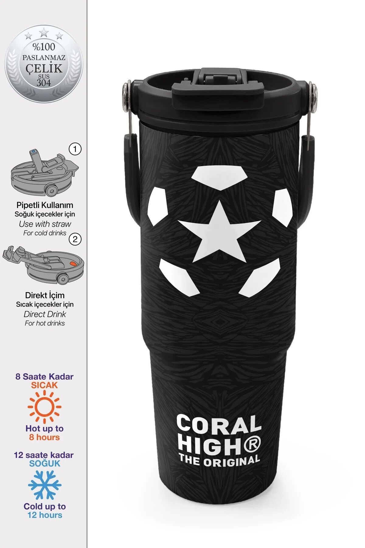 Coral High Siyah Futbol Desenli Pipetli ve Direkt İçim Çelik Termos 900 ml 38722 Adet