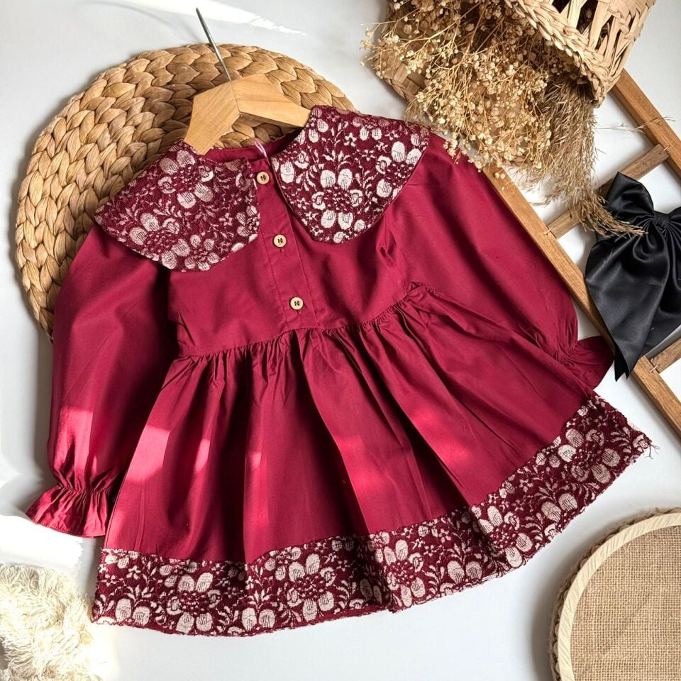 Bordo Yakalı Elbise 3-4 YAŞ