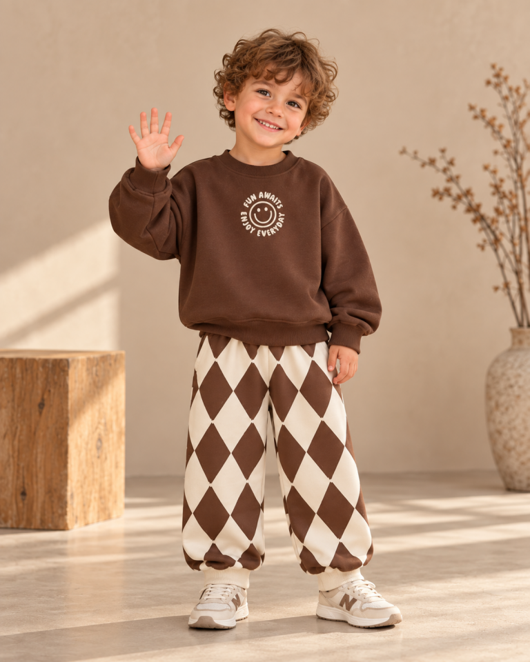 Kahve Smile Baskılı Takım 7-8 YAŞ