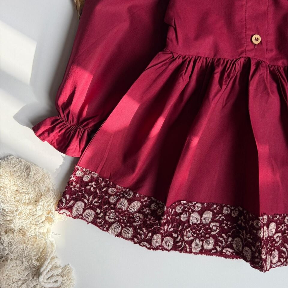 Bordo Yakalı Elbise 3-4 YAŞ