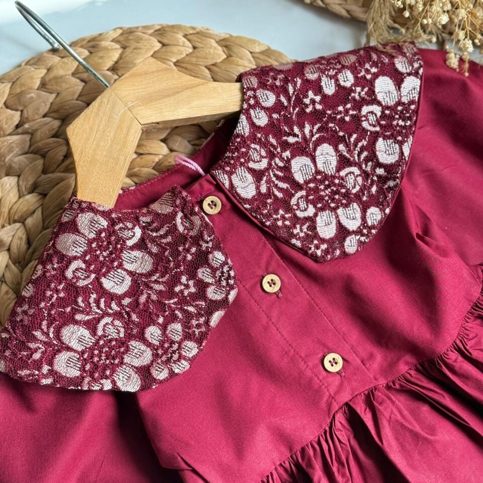 Bordo Yakalı Elbise 3-4 YAŞ