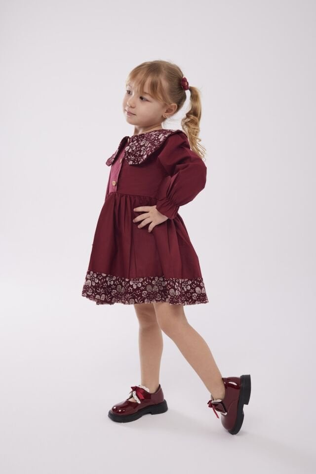 Bordo Yakalı Elbise 3-4 YAŞ