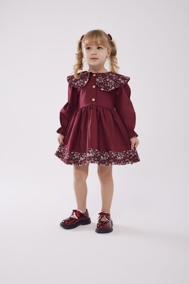 Bordo Yakalı Elbise 3-4 YAŞ