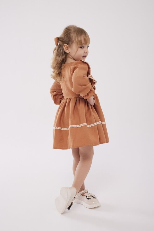 Bebe Yakalı Çicekli Elbise Turuncu (toka hediyelidir) 7-8 YAŞ