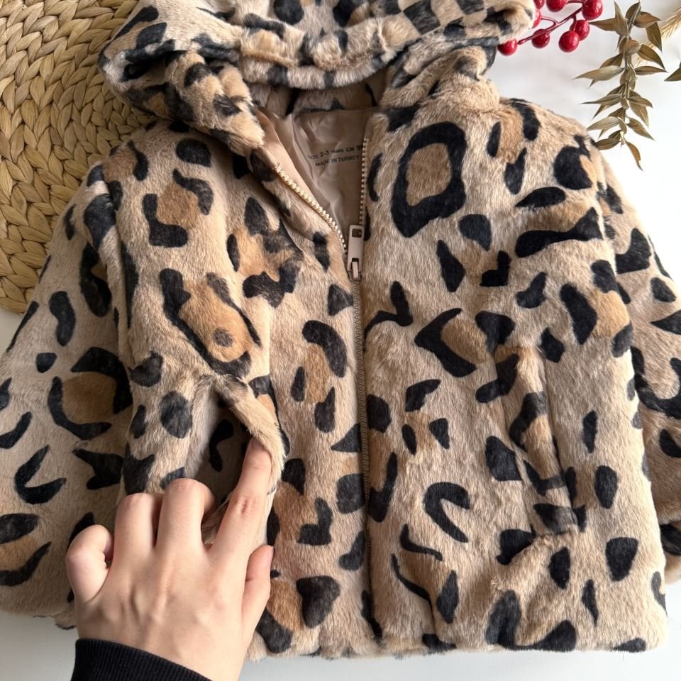 Leopar Desenli Peluş Mont